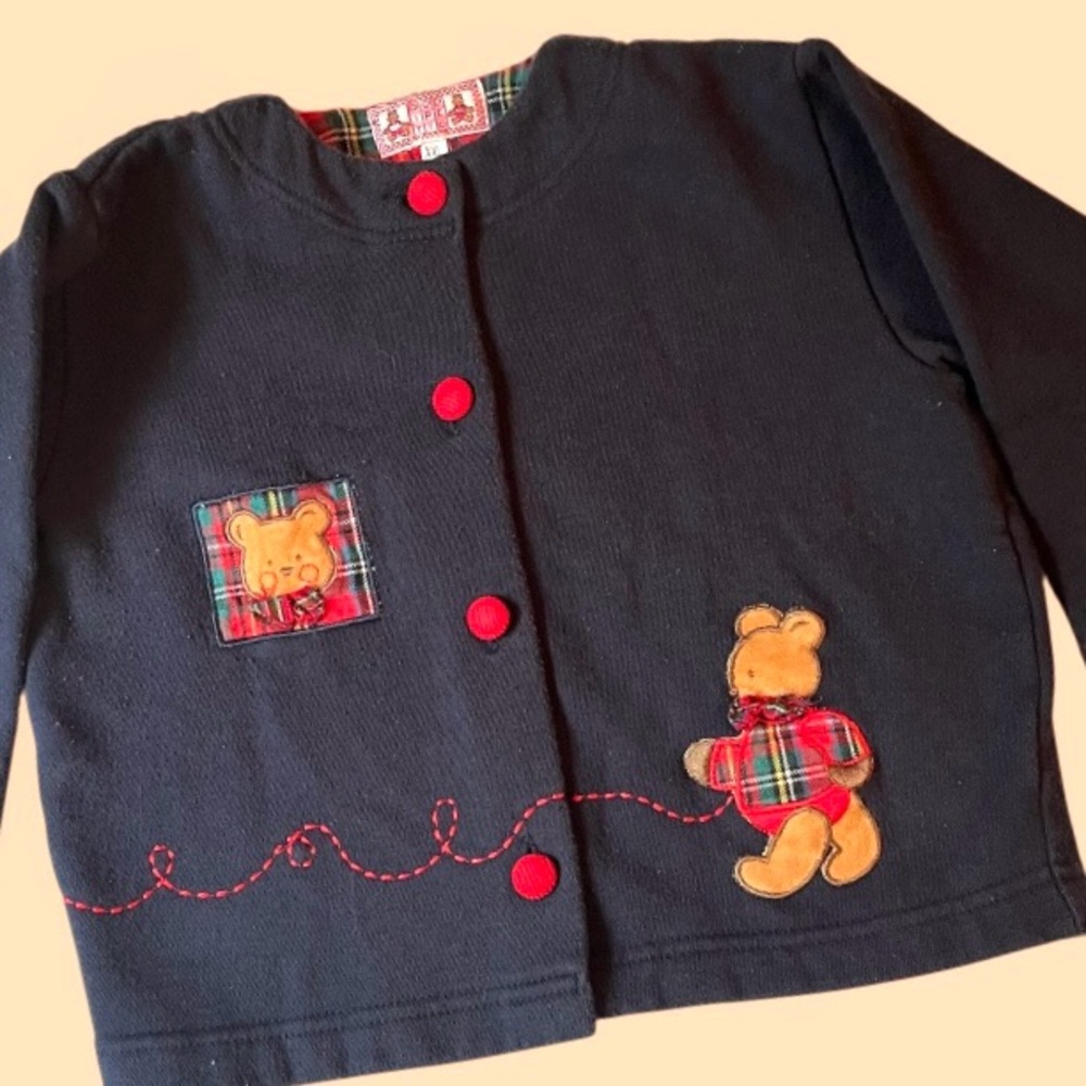 Vintage 90’s Kids Button Up Cardigan~Blue~Bear Embroidered–Size XXL